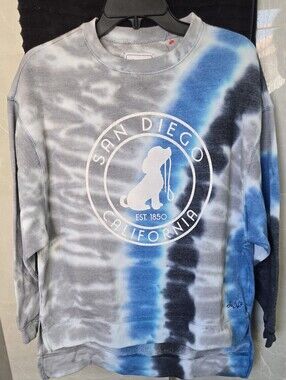 Womans Gray, blue and white tie-dye crewneck "San Diego" sweatshirt.